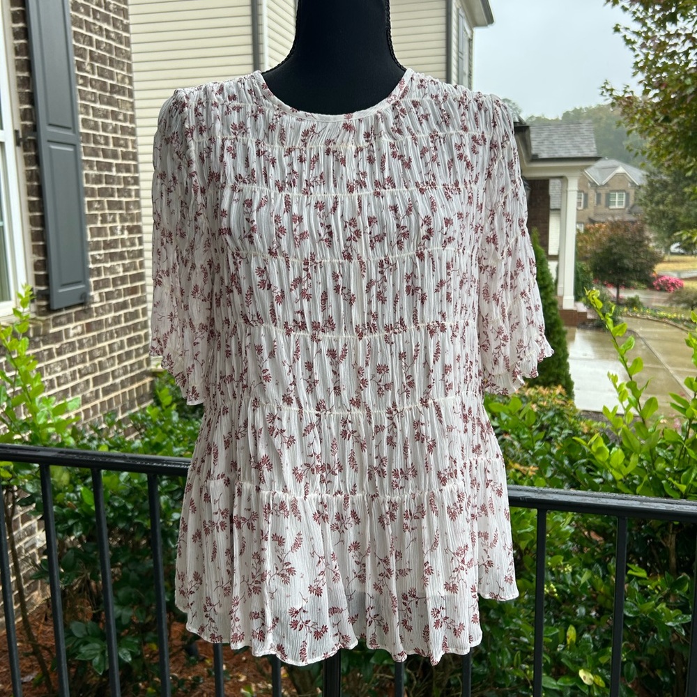 Frame Floral Smocked Short Sleeve Flare Hem Women's Blouse.